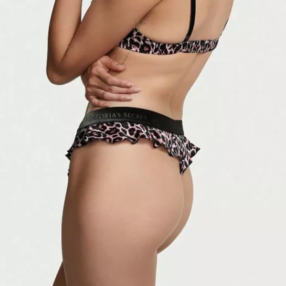 Victorias Secret Washable Silk Ruffle High Leg THONG Animal Velvet Waistband